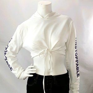UNSTOPPABLE Sexy Crop Top White Drawstring Hoodie